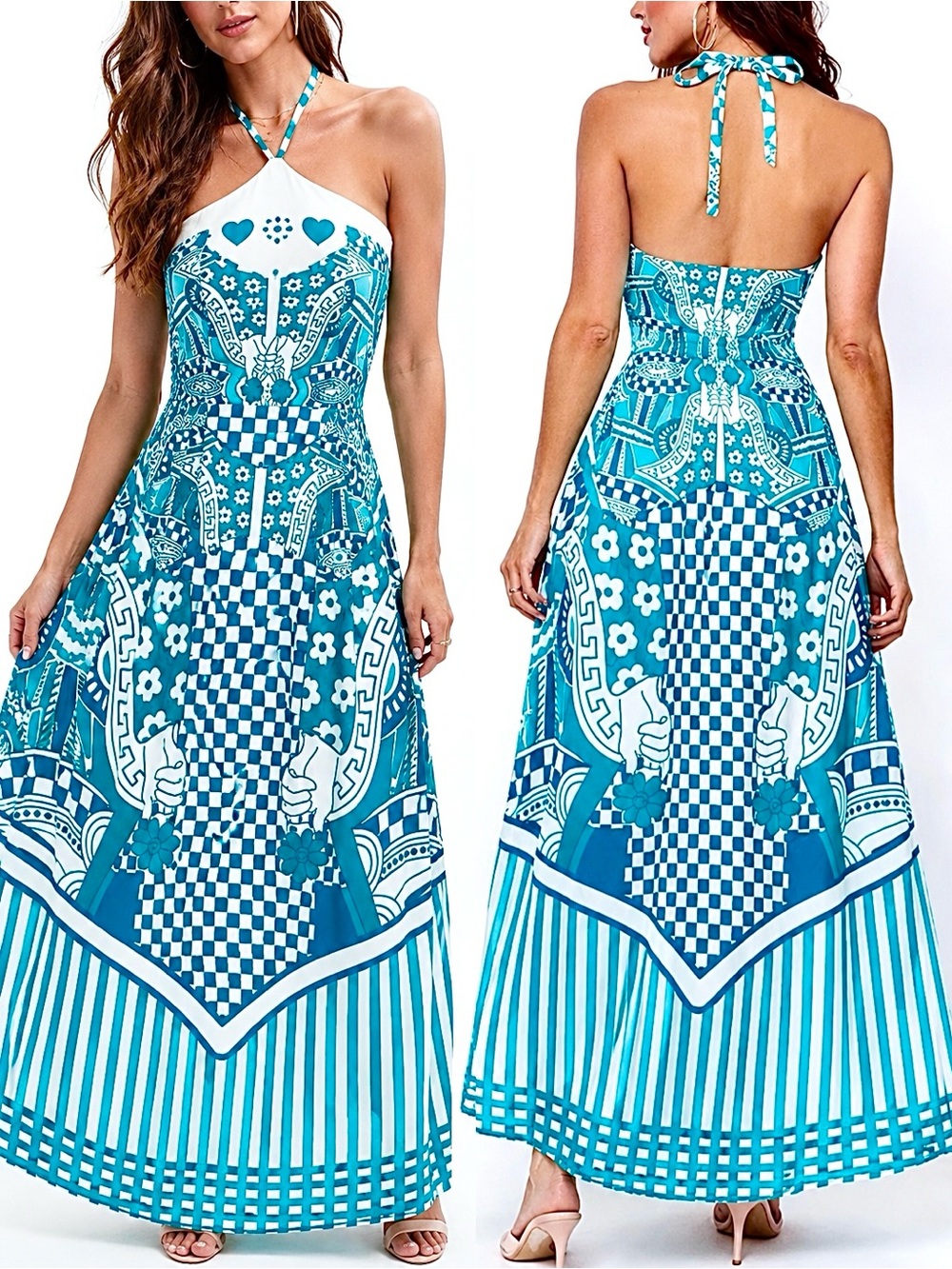 Celina Moon Mediterranean Halter Maxi Dress Blue White Cotton Size M